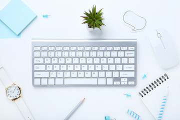 Computer keyboard with office supplies and green plant on white background