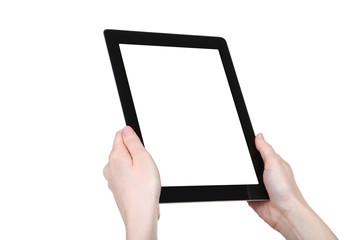 Tablet computer in female hands isolated on white background