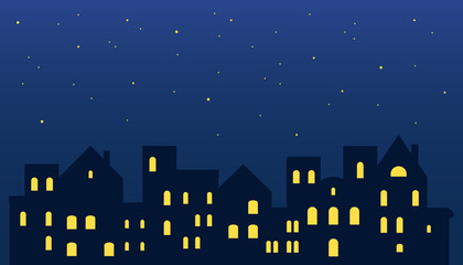 Old city skyline illustration. Urban night landscape. Metropolis downtown, outdoor urban architecture background. Architecture building. Vector illustration