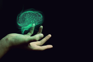 businessman hand with floating of ai digital data robot holographic brain in human meet technology network concept