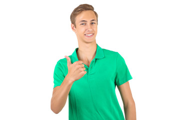 Portrait of young man in green t-shirt isolated on white background