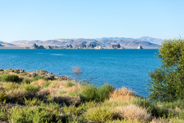 The Needles off limits area at Pyramid Lake with expanse of water