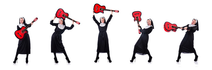 Nun playing guitar isolated on white