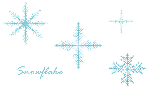 Watercolor hand painted winter frozen three blue snowflakes diagonal set, nice snow symbols collection isolated on the white background with the text