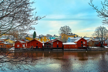 Old historic Porvoo, Finland with wooden houses and medieval stone and brick Porvoo Cathedral at blue hour sunrise - 287441927