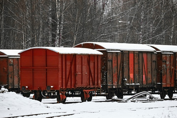 Old vintage red wooden railway cargo carriages wagons in the countryside village in winter - 287442112