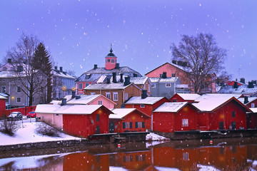 Old historic Porvoo, Finland with wooden houses and medieval stone and brick Porvoo Cathedral under white snow in winter - 287442153