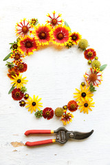 Flower composition with red secateurs on a wooden white background