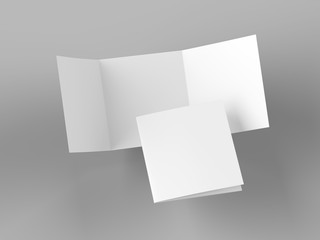 Open folded leaflet in square format. Flying leaflet folded to 3. 3d illustration