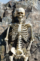 Skeleton standing against rocks in the desert
