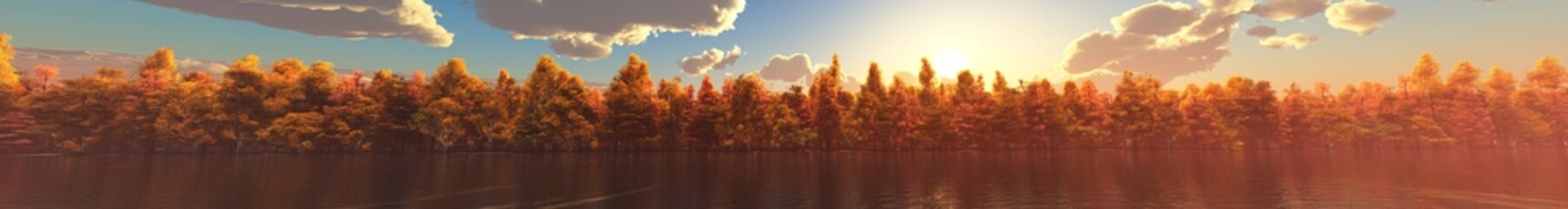 Panorama of the autumn landscape. Autumn park at sunset. Autumn trees under a blue sky with clouds. Banner.