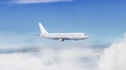 Fototapeta na wymiar Blank white flying airplane mockup on sky background, side view