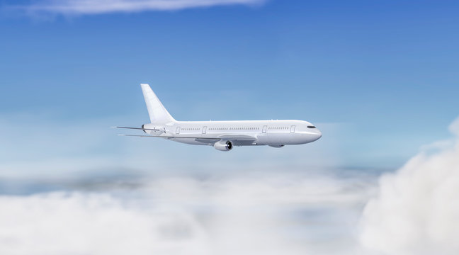 Blank white flying airplane mockup on sky background, side view