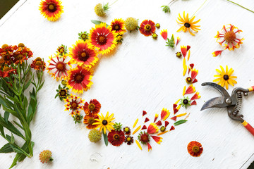 Flower composition with old red secateurs on a wooden white background