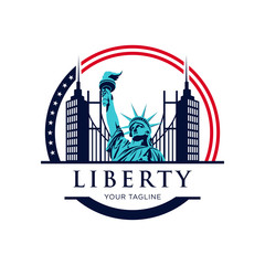 Liberty with bridge and american flag color logo design template
