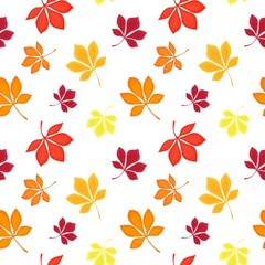 Seamless pattern of colorful chestnut leaves on editable white background. Bright autumn leaves pattern for wallpaper, wrapping, textile, fabric design