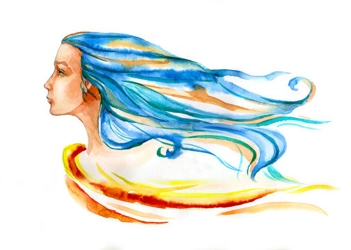 Portrait of a beautiful girl in profile with developing long hair. Watercolor illustration on white background