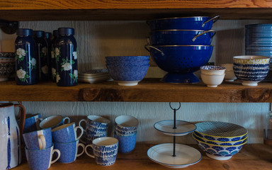 traditional blue staking dishes on wood 