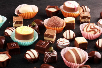 a lot of variety chocolate pralines, belgian confectionery gourmet chocolate.