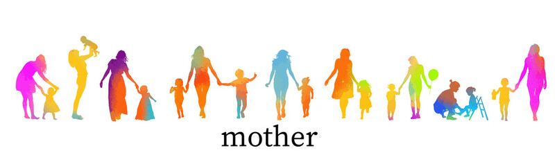 Set of different multi-colored silhouettes of mom with a baby. Vector illustration