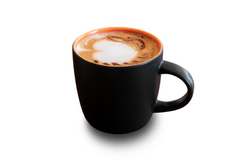 Black mug of mocha coffee isolated on white background. File contains with clipping path So easy to work.