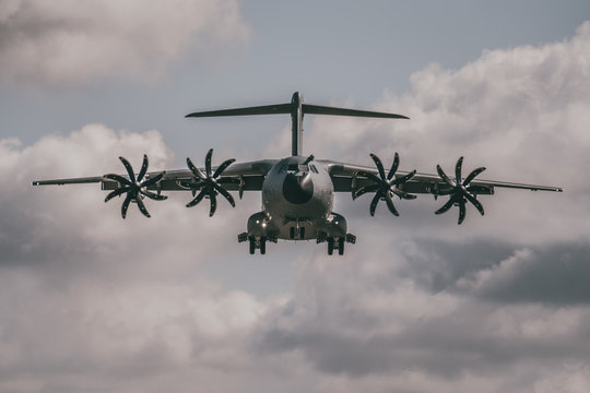 large RAF Airbus A400 M Atlas transport plane flying head on to camera