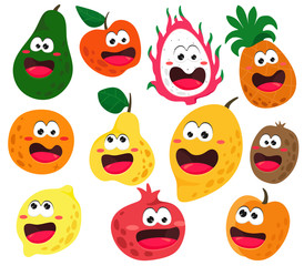 Cute and funny fruit characters with eyes. Vector fruit isolates on white background. Cartoon fruits