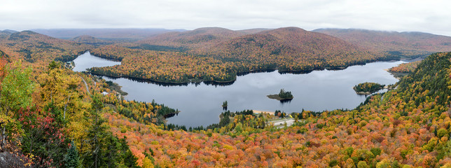 Mont Tremblant National Park panoramic view with autumn colors, Quebec, Canada.