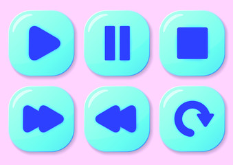 Set of game interface push buttons. Cute pastel colors, baby pink and blue. 