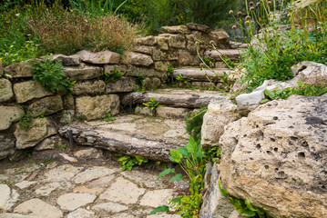 Fototapeta na wymiar Escalier de pierre au jardin alpin, Paris, France