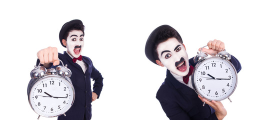 Funny man with clock on white
