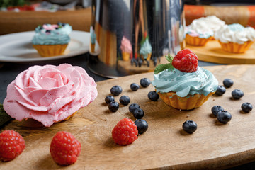 Cake, muffin, celebrate muffin with cream and decoration