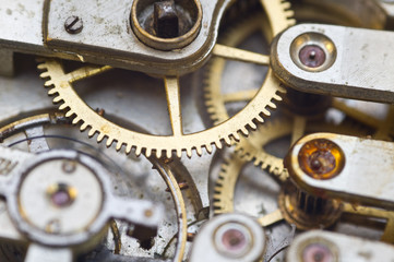 Clockwork, gears in an old watch. Teamwork concept, idea, technology, eternity, business. Macro