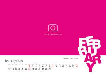Calendar 2020 New Year February modern template pink background