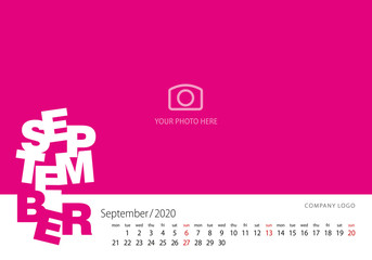 Calendar 2020 New Year September modern template pink background