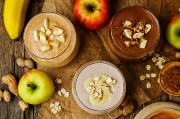 peanut butter smoothie with milk, chocolate, apples, banana and oats