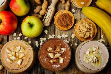 peanut butter smoothie with milk, chocolate, apples, banana and oats