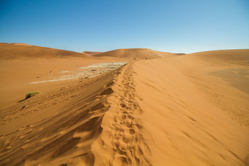Fototapeta na wymiar Fußsspuren auf einer Sanddüne im Sossusvlei in der Wüste Namib in Namibia mit Dünen aus rotem Sand im Hintergrund