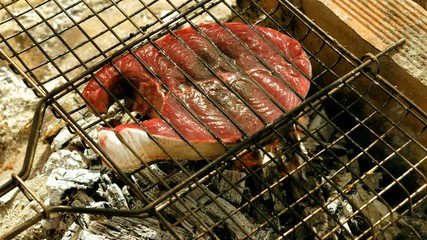 Close-up shot of delicious grilled tuna fish on barbeque grill. 4K