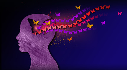 Graphic abstract stream of dreamlike butterflies flowing from iconic puzzle opening in mind