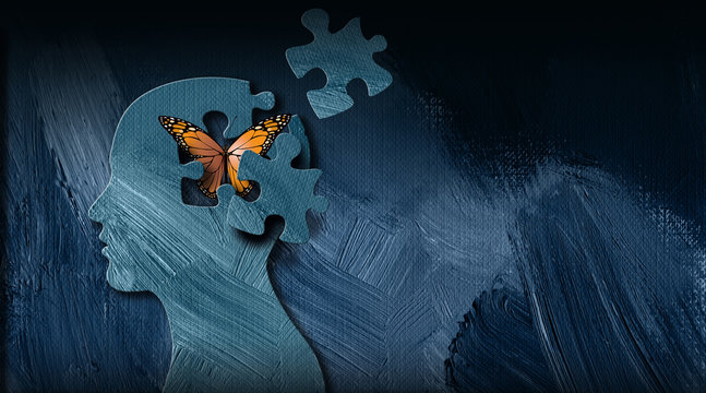 Graphic dreaming butterfly thought escapes puzzle piece opening in mind
