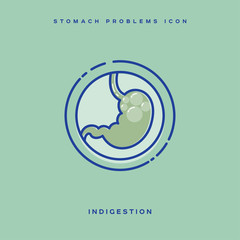 Stomach problem icon. Stomach indigestion emblem. Linear icons in a circle. Medicine pictures.