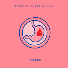 Stomach problem icon. Stomach heartburn, pyrosis. Linear icons in a circle. Medicine pictures.