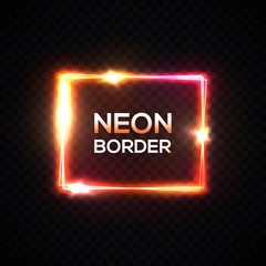 Vector neon background. Glowing rectangle frame. Shining line led lamp square banner isolated on black transparent background. Geometric shape light electricity sign. Bright color vector illustration.