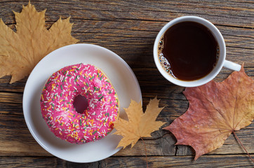 Naklejka na ściany i meble Donut, coffee and leaves