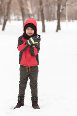 Fototapeta na wymiar Winter portrait of a boy in a beautiful snowy winter park