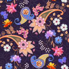 Seamless ornate pattern in ethnic style. Bright multicolor mandala, paisley and bouquets of flowers on purple lace background. Print for fabric, wrapping design.