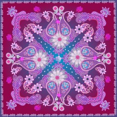 Carpet or shawl in ethnic style with ornate paisley ornament, mandala and gentle garden flowers on blue and purple background. Indian, russian, turkish, damask motifs.
