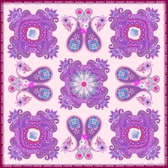 Ornamental shawl or carpet in ethnic style. Mandala, paisley and garden flowers on soft peach color background.