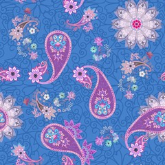 Seamless fantasy pattern with mandala, gentle flowers and paisley on lace blue background.